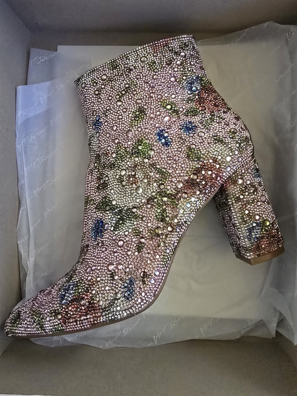 Betsey Johnson Pink Crystal Floral Ankle Boots - Picture 2 of 4
